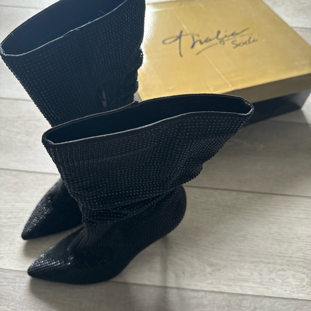 Thalia Sodi Black Raquell Studded Mid Calf High Heel Boots Size 9m